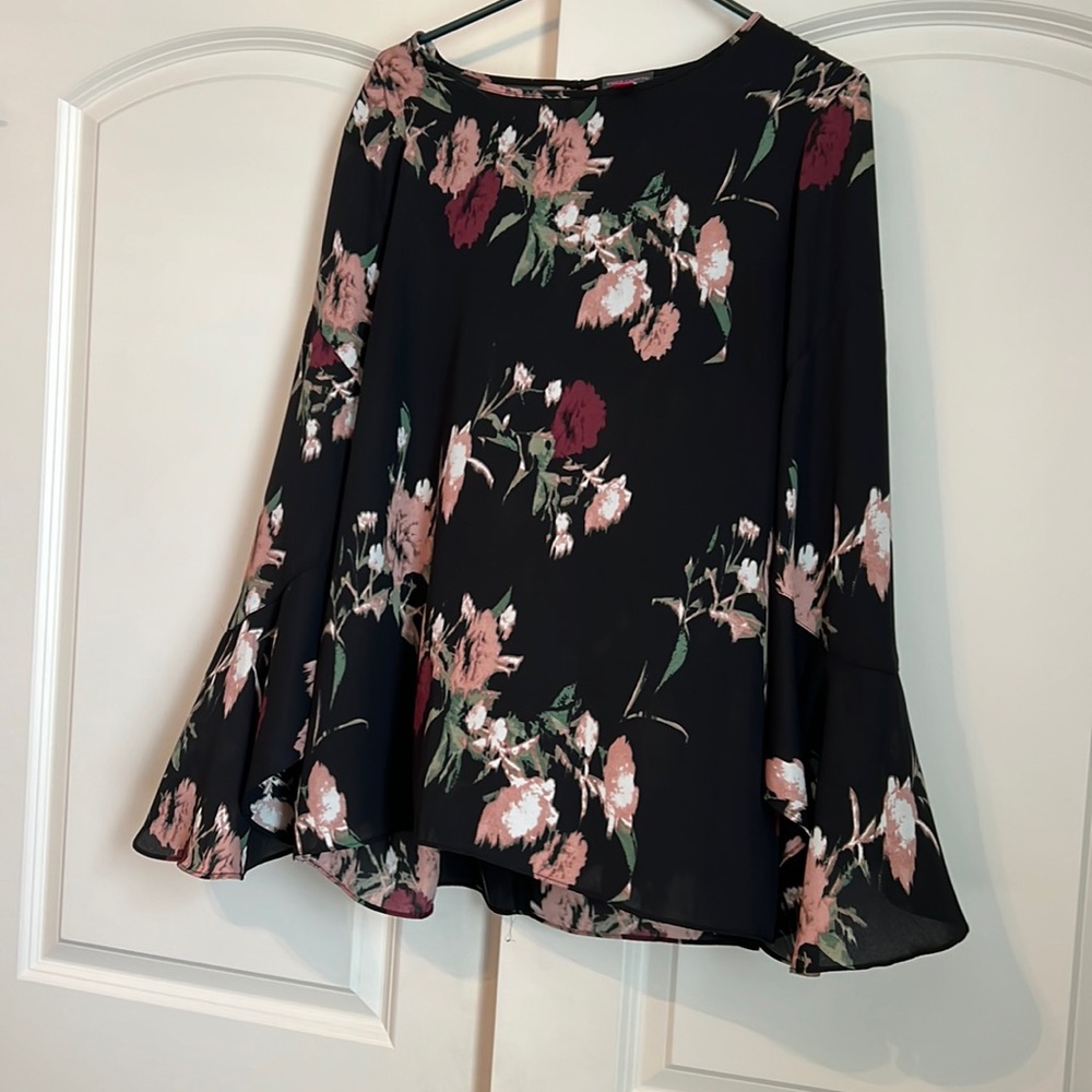 Vince Camino Black and Pink Floral Blouse with Bell Sleeves